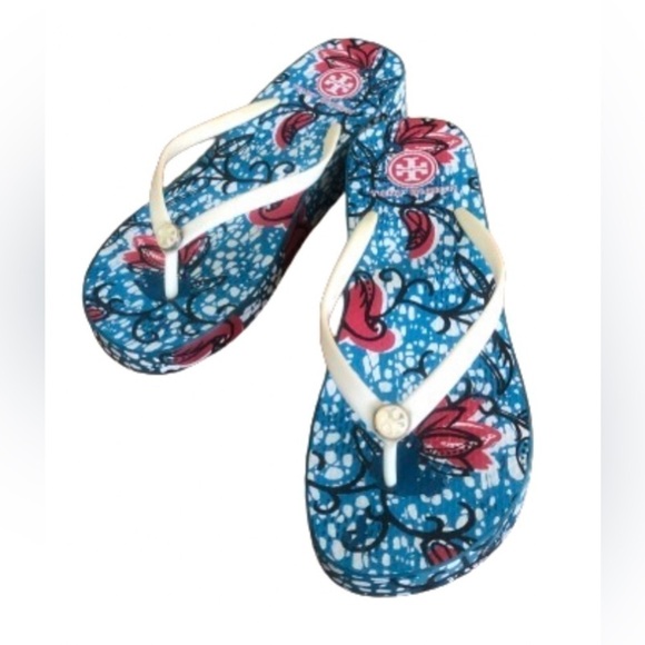 Tory Burch blu & burg floral 1.5” platform flip flops w cream straps SZ 10.5 - Picture 2 of 8